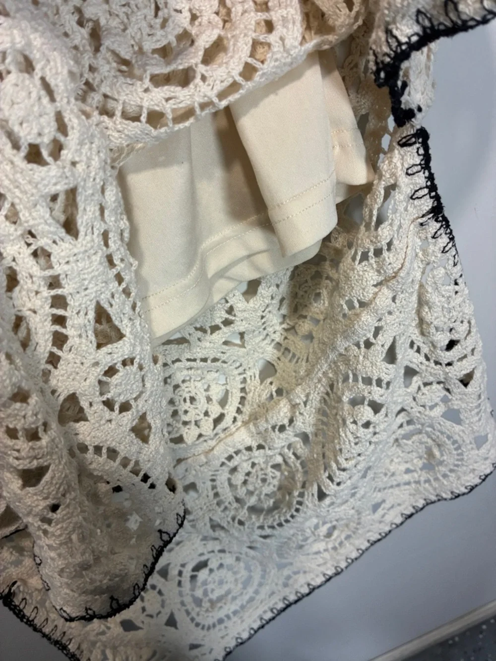 Boho Crochet Midi Skirt Cream w/ Black Trim Side Slit Lined XL - Picture 9 of 11